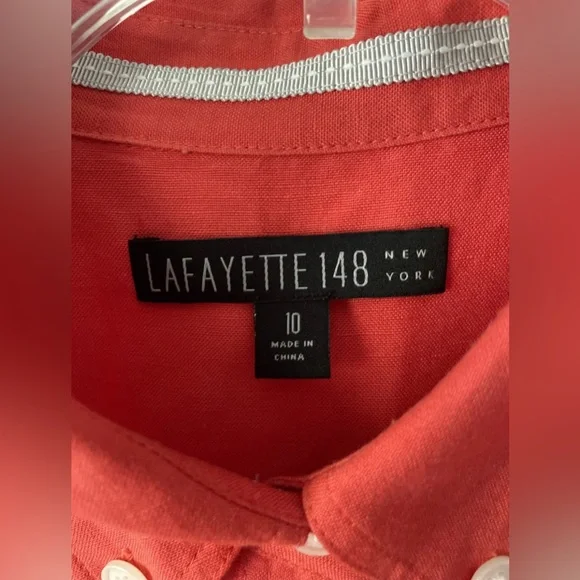 Lafayette 148 New York Womens 10Linen Rayon Blend Button Down‎ Shirt Red Orange - Picture 2 of 6